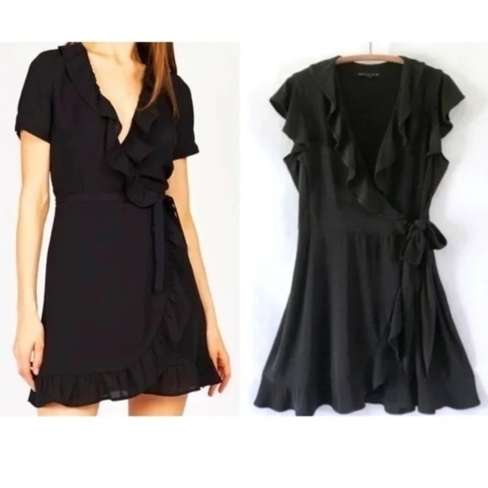 Tiana B. Classic, black wrap dress, ruffles with adjustable waist size M